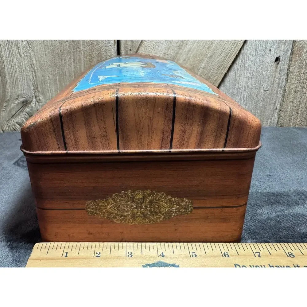 Rare Vintage Tin Litho Treasure Box Hand Painted Metal Pirate Chest Booty